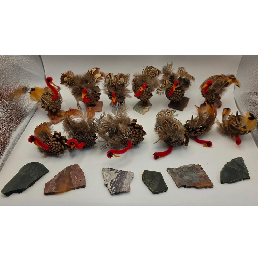 12 Vintage Pinecone Turkey Thanksgiving Decor Feather Stone Base Rustic Craft